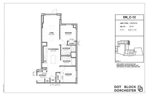 Floor plan for 2 beds, 2 baths, 891 sqft